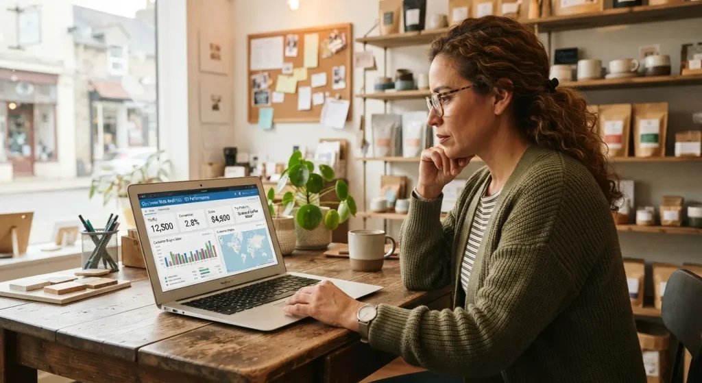 Pequeña empresa revisando métricas web importantes en un dashboard de analítica